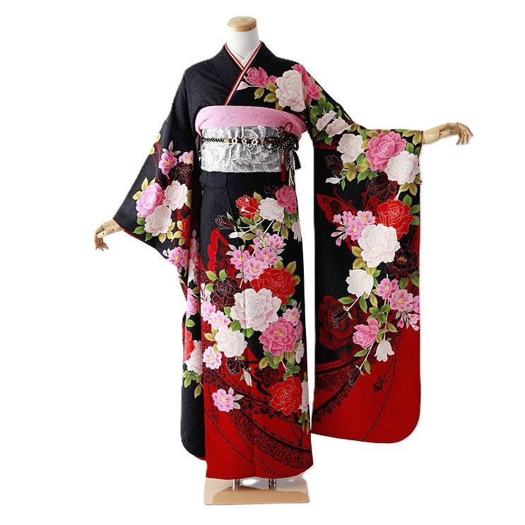振袖 身長157-172cm 赤　黒　ゴールド　薔薇　正絹 振袖 身長157-172cm 赤 黒 ゴールド 薔薇 正絹