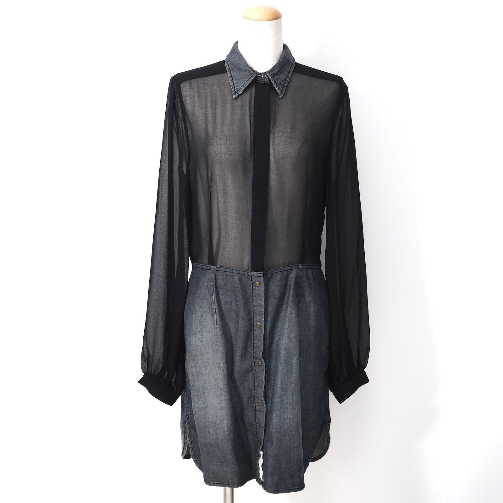 ☆美品 ディーゼル DIESEL シアー デニム切り替え シャツ ワンピース S 