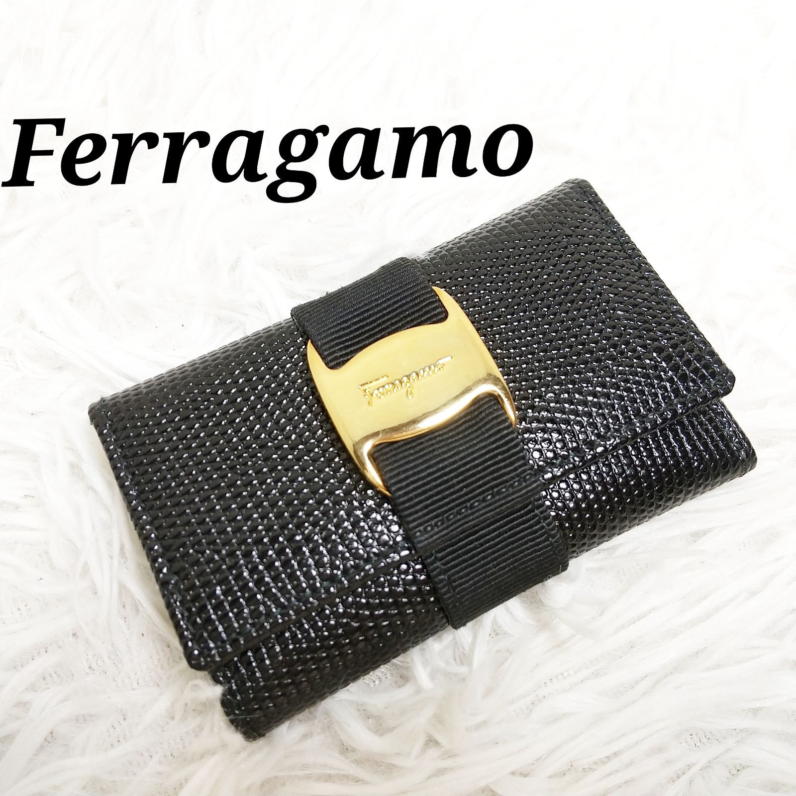 美品 サルヴァトーレフェラガモ Ferragamo ヴァラ 6連 キーケース リザード型押し ゴールド ブラック - メルカリ