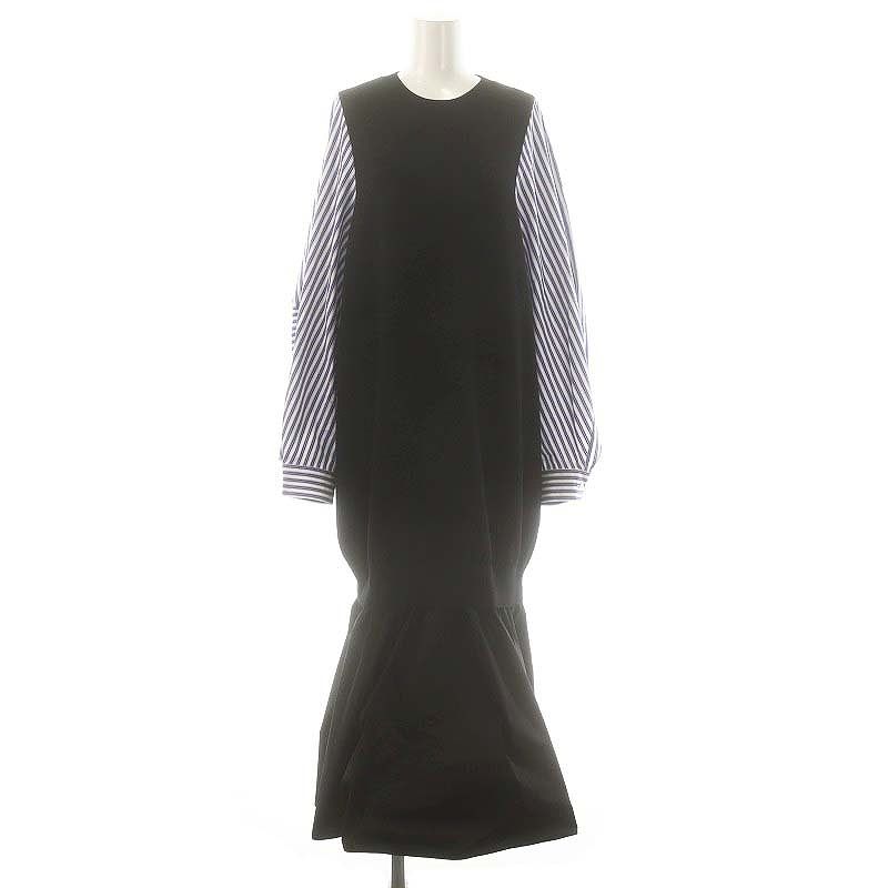 エンフォルド ENFOLD VEST-LAYERED DRESS ワンピース ロング 長袖 ニット ストライプ 38 ブラック ブルー ホワイト |DO OS