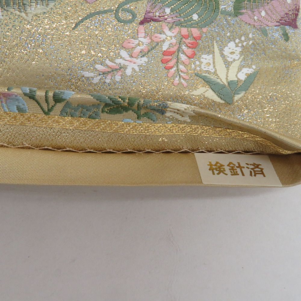 袋帯 ゴールドx緑色x多色 花々に雷鳥模様 六通柄 正絹 仕立て上がり