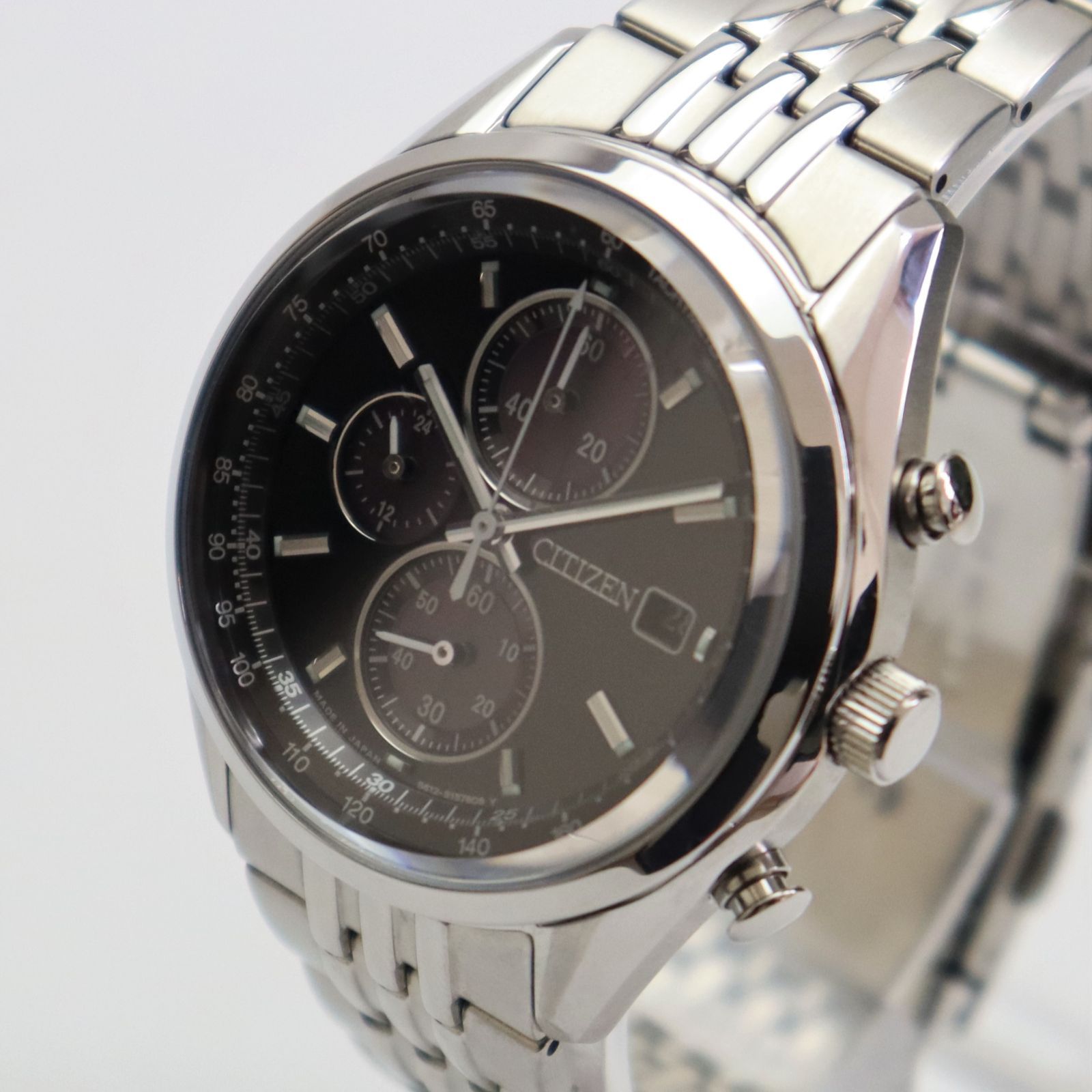 良品 シチズン エコドライブ クロノグラフ B612-S114837 ソーラー 黒文字盤 純正ブレス メンズ腕時計