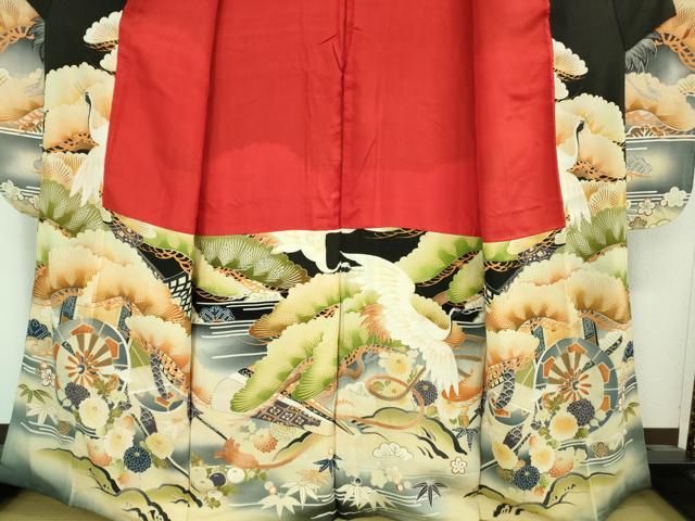 平和屋着物■極上　アンティーク　大正ロマン　振袖　刺繍　飛鶴松文　暈し染め　黒地　逸品　DZAA7080kh5 平和屋着物□極上 アンティーク 大正ロマン 振袖 刺繍 飛鶴松文 暈し染め