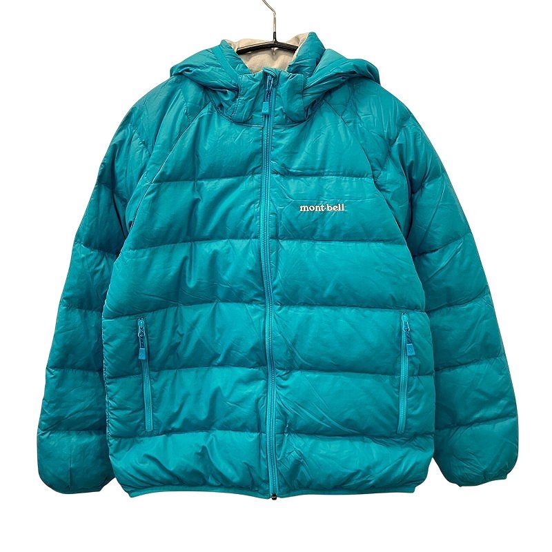 【美品】モンベルダウン（フード付き）キッズ　100cm　軽量　青　バイカラー さちこ様専用 モンベル ダウン フード付き キッズ 100 軽量 青