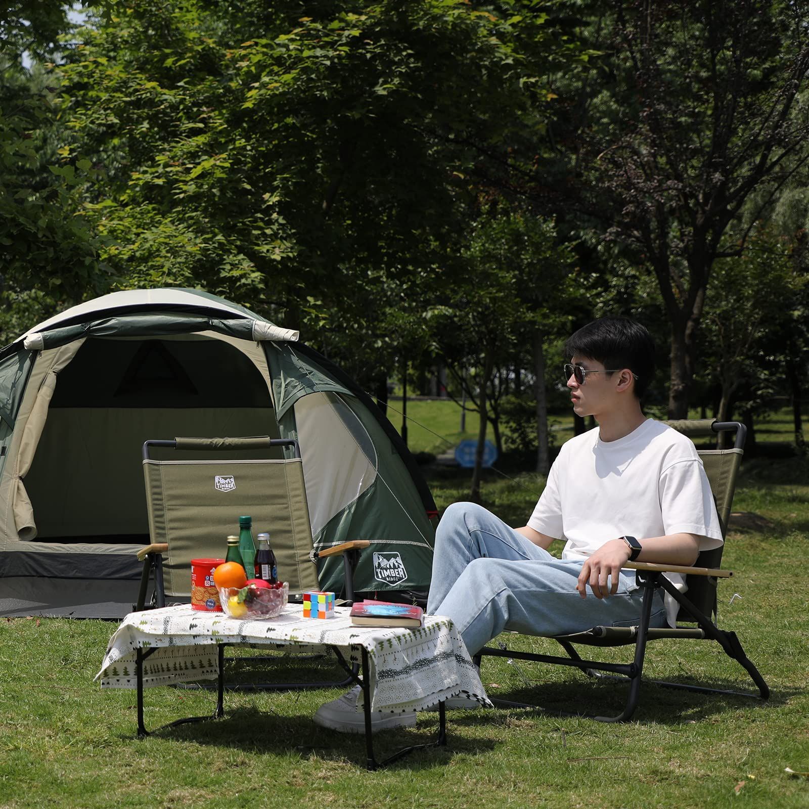 TIMBER RIDGE アウトドアチェア あぐらチェア 折り畳み 3段リクライニング 耐荷重150kg 重量3.9kg キャンプ ローチェ 色: グリーンTIMBER RIDGE ハイバック あぐらチェア アウトドア 色