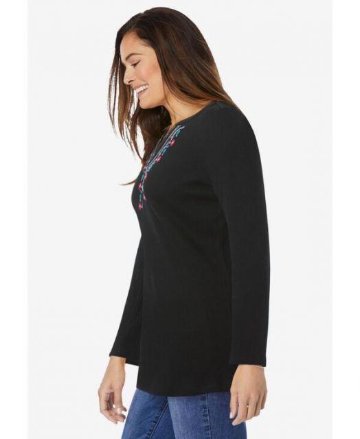  ウーマン ウィズイン レディース シャツ トップス Plus Size Within Embroidered Thermal Henley Tee Black vine embroidery 長袖 シャツ ブラウス