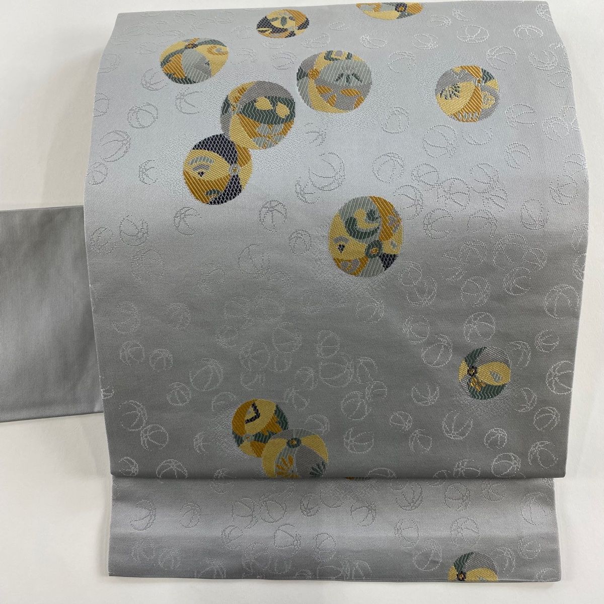 名古屋帯 秀品 手鞠 金糸 刺繍 灰色 正絹