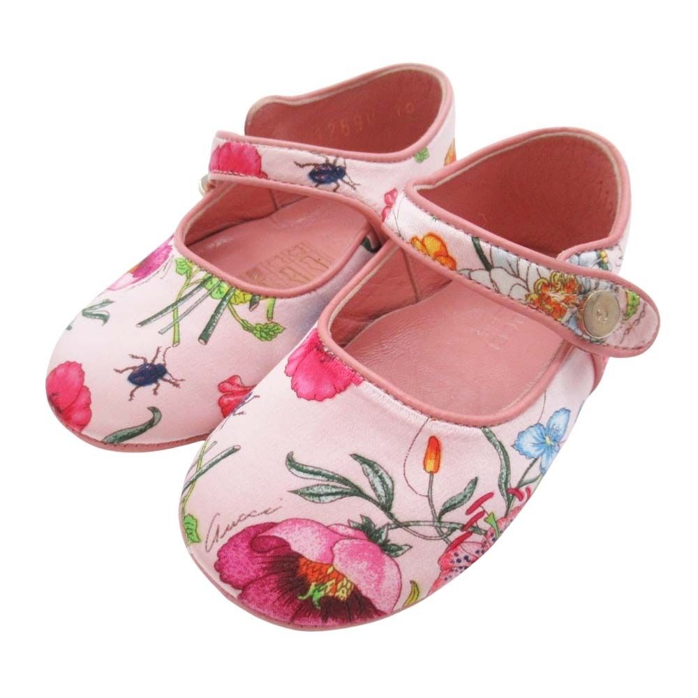 GUCCI グッチ フローラル サテン ベビーシューズ ストラップ 花柄 ロゴ 靴 19|12.0cm ピンク キッズ 古着