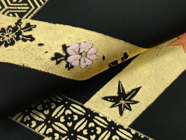 平和屋着物□極上 塩瀬 九寸名古屋帯 刺繍 網目草花文 黒地 金彩 逸品