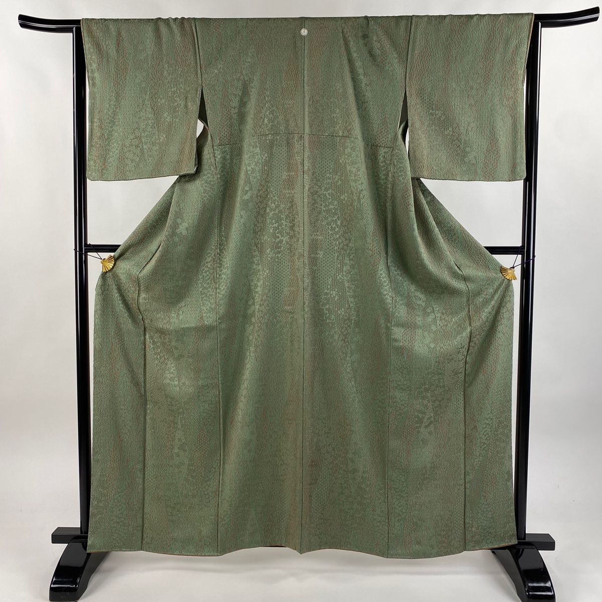 小紋 身丈161cm 裄丈65cm M 袷 地紋 銀通し 絞り 灰緑 正絹 秀品 一つ紋