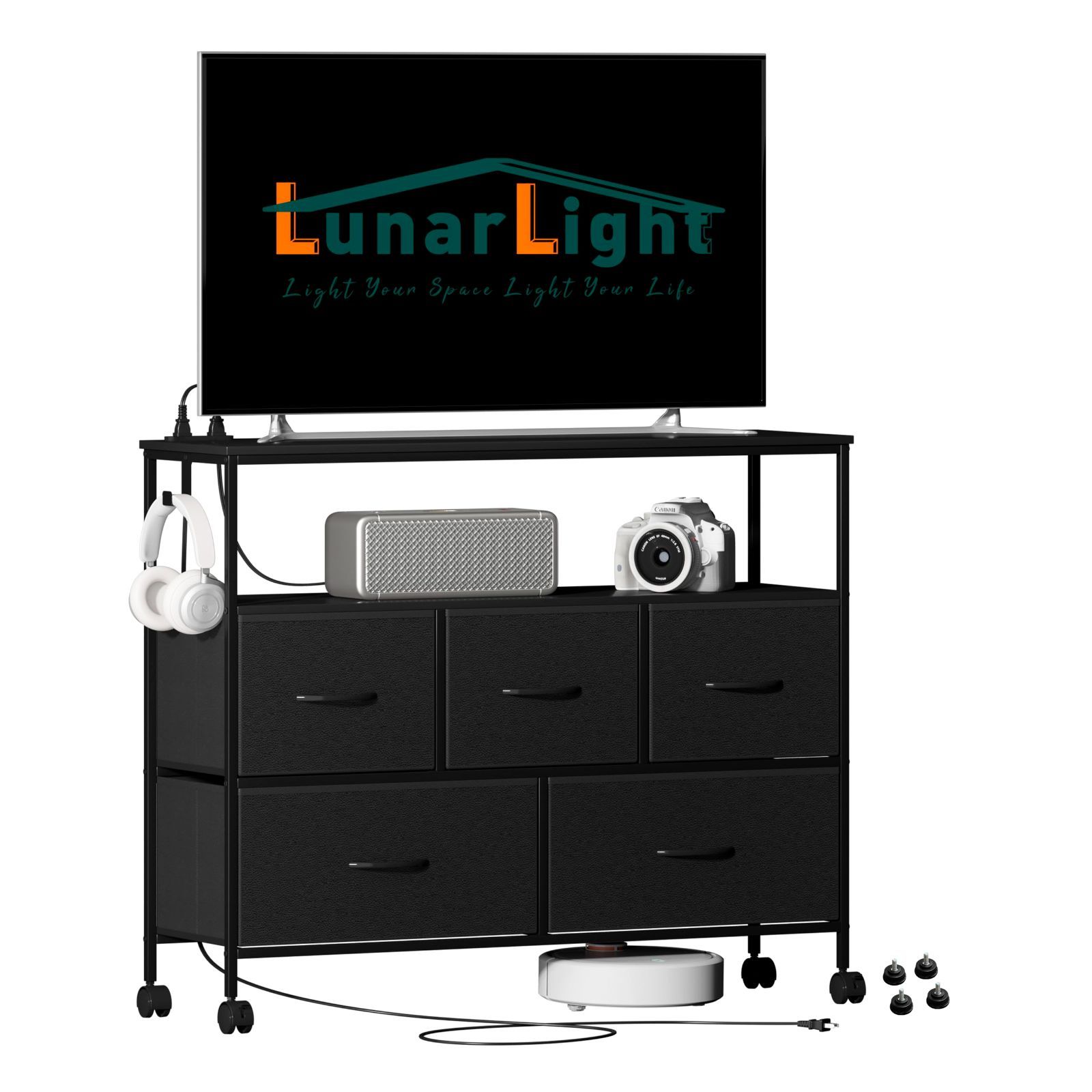 チェスト タンス 幅100㎝奥行き30㎝高さ78㎝ 収納チェスト 収納ケース コンセント2個口付き LunarLight ストッパキャスター付き 移動式と固定式2機能 テレビ台としても使える 頑丈 組立簡単 耐震転倒防止 大容量収納２段5杯 棚板2枚 ブラック
