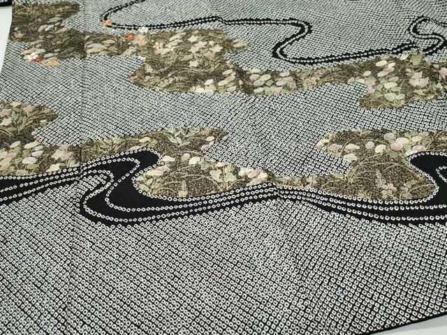 平和屋着物○訪問着 総絞り 駒刺繍 道長草花文 黒地 金銀彩 正絹 逸品