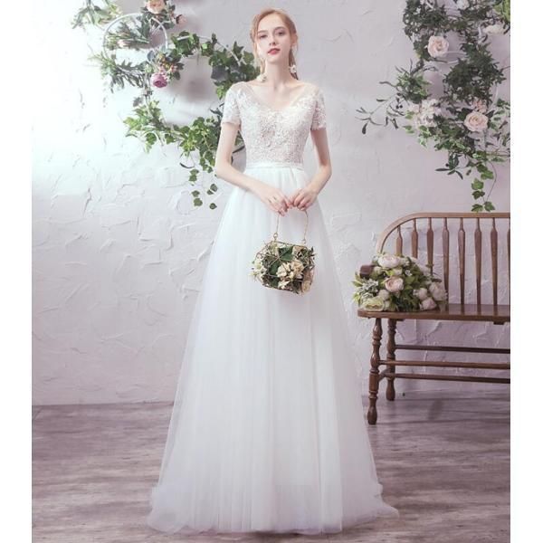 ウエディングドレス 前撮り 後撮り 白 半袖 フォトウエディング Aライン 披露宴 結婚式 演奏会 発表会 二次会 花嫁 成人式 お嬢さん 体型カ