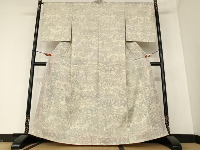 平和屋着物●本場結城紬　重要無形文化財　100亀甲　飛び亀甲柄　風景文　正絹　逸品　AABA0082zg 平和屋着物○本場結城紬 重要無形文化財 100亀甲 飛び亀甲柄 風景