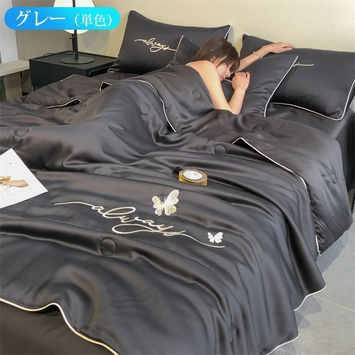 4点セット180×220cmクールシーツセミダブル夏布ダブルキルトケット掛け布団接触冷感刺繍入り枕カバーひんやり寝具冷感