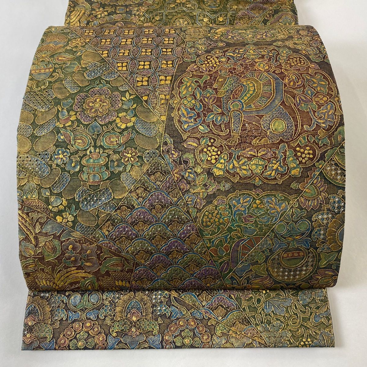 502my61◇ビジュー刺繍 カラーストーン 煌びやか お太鼓柄 袋帯◇美品 袋帯 美品 逸品 コプト柄 草花 刺繍 金彩 金茶 お太鼓柄 正絹