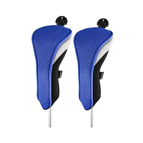 Andux ゴルフ ハイブリッド クラブヘッドカバー 可能な番号タグ付き 2 個セット (ブラック/レッド) (ブラック/ブルー)