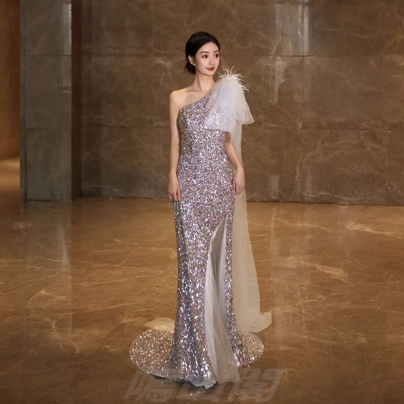 銀色ロングドレス 魚尾スパンコール 一字肩 ノースリーブ 感 結婚式 成人式 発表会 新婦 司会 学生用WP 109