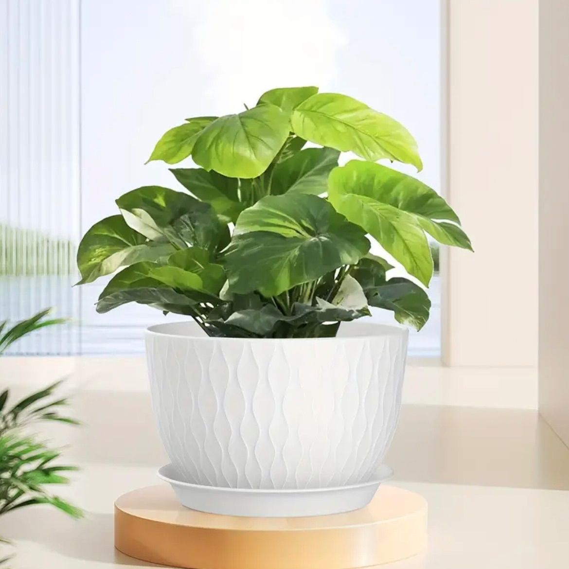 プランター 3個セット UOUZ ボホスタイル 12インチ 波模様 プラスチック 排水穴付き 屋内 屋外 ストライプラウンド 花瓶 セット 電池不要 トレイ付き リビングルーム ダイニングルーム オフィス 学校 玄関 お洒落 北欧モダン ホワイト