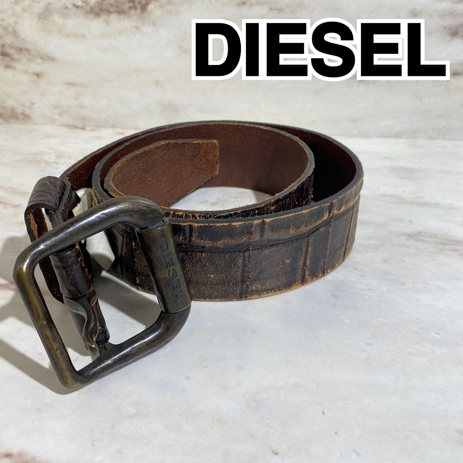 訳アリ品】DIESEL ディーゼル ベルト デザイン ダメージ ブラウン RP