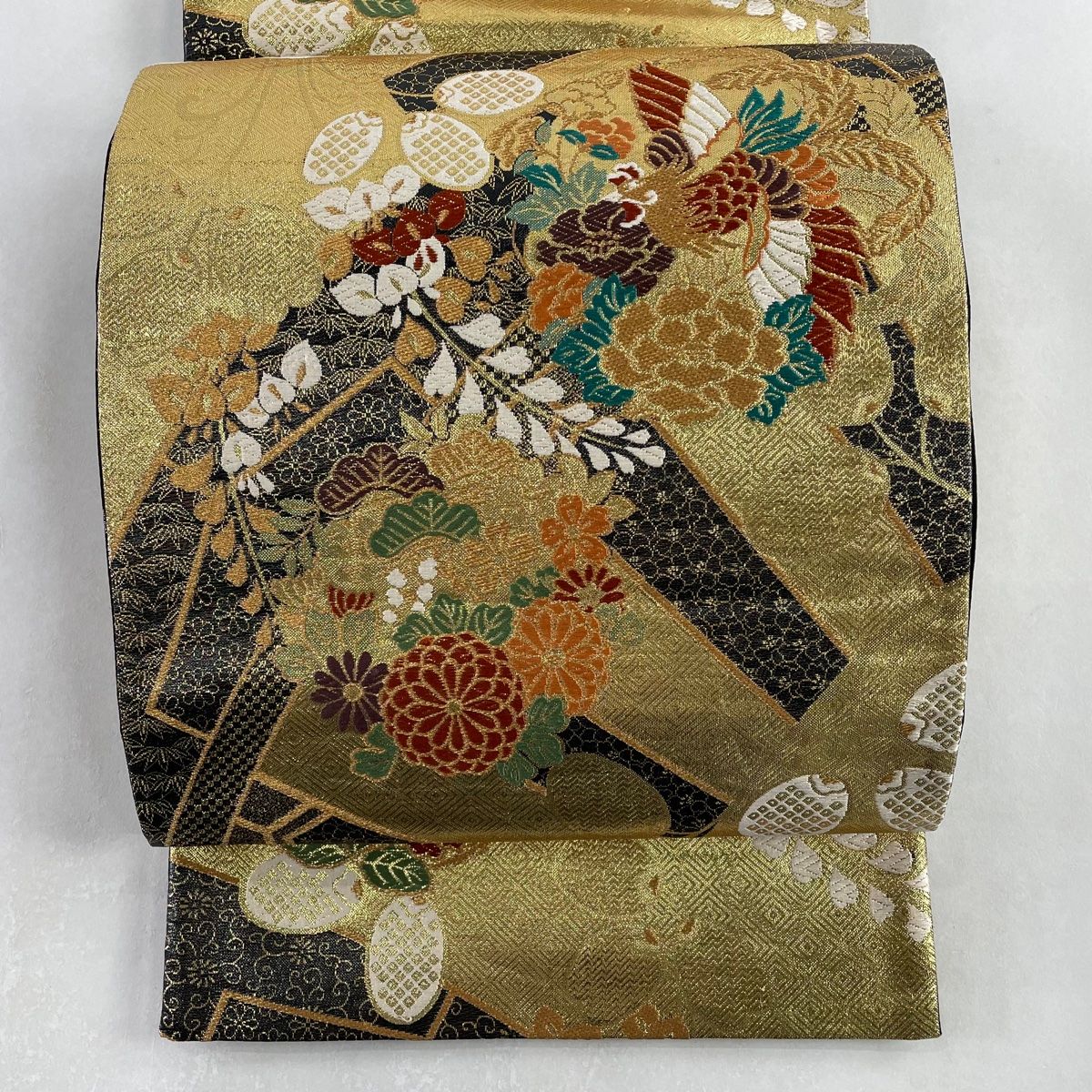 16887円 高価な購入 【極美品】袋帯 六通 上品な金色 色とりどりの花と ...