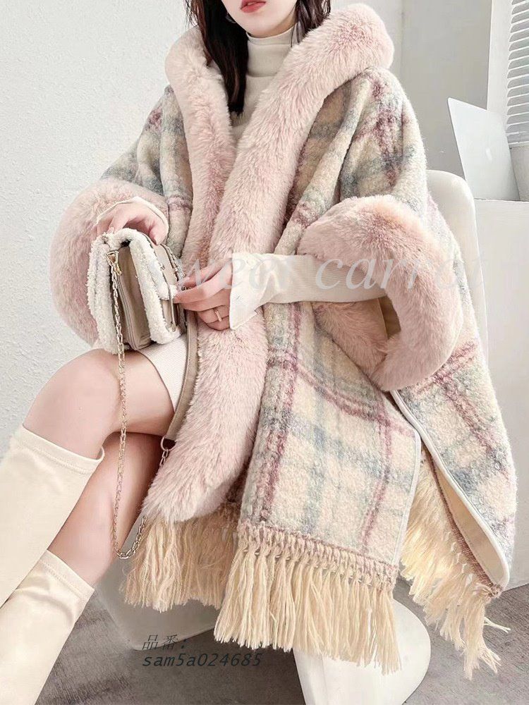 厚手 ポンチョ マント コート 大人 カーディガン レディースファッション ロング丈 フェイクファー襟 羽織 チェック柄 フード付き アウター am5a024685