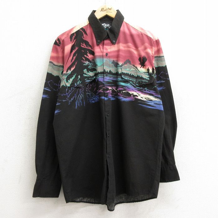 S/古着 長袖 ウエスタン シャツ メンズ 90s 木 湖 コットン ボタンダウン 黒他 ブラック 24jun05 中古 トップス