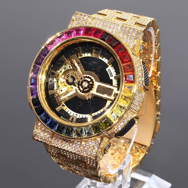 G-SHOCK カスタム GA100 フルカスタム Gショック 大粒CZダイヤベゼル（キュービックジルコニア）新作ベルト 18Kゴールド -  ブランド腕時計
