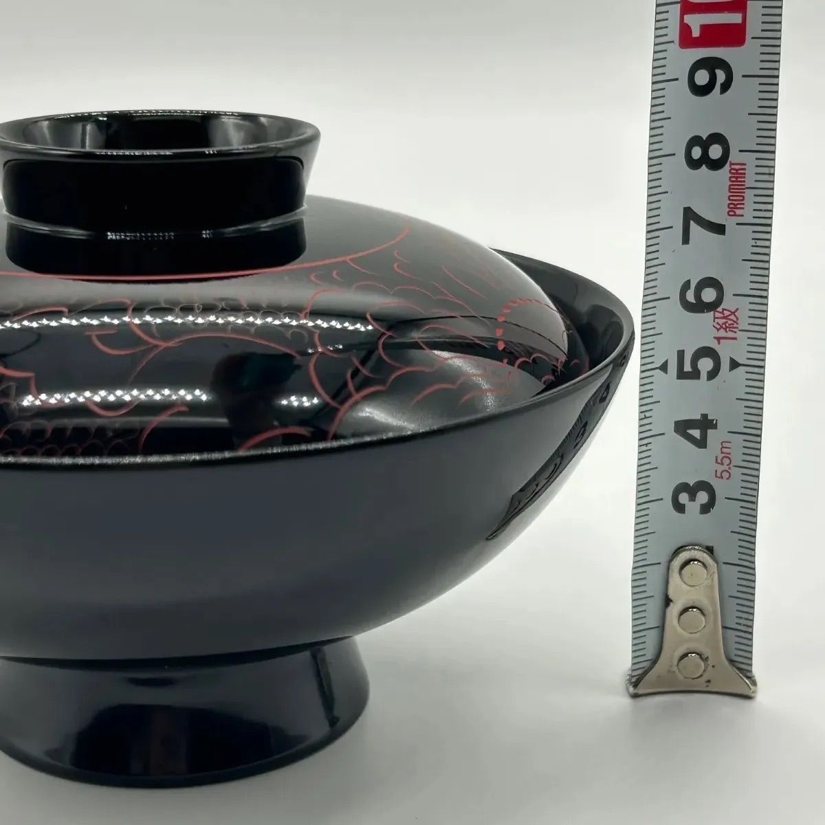 未使用 箱付 越前漆器 蓋付吸物椀 沈朱牡丹彫 汁物椀 花柄 黒椀