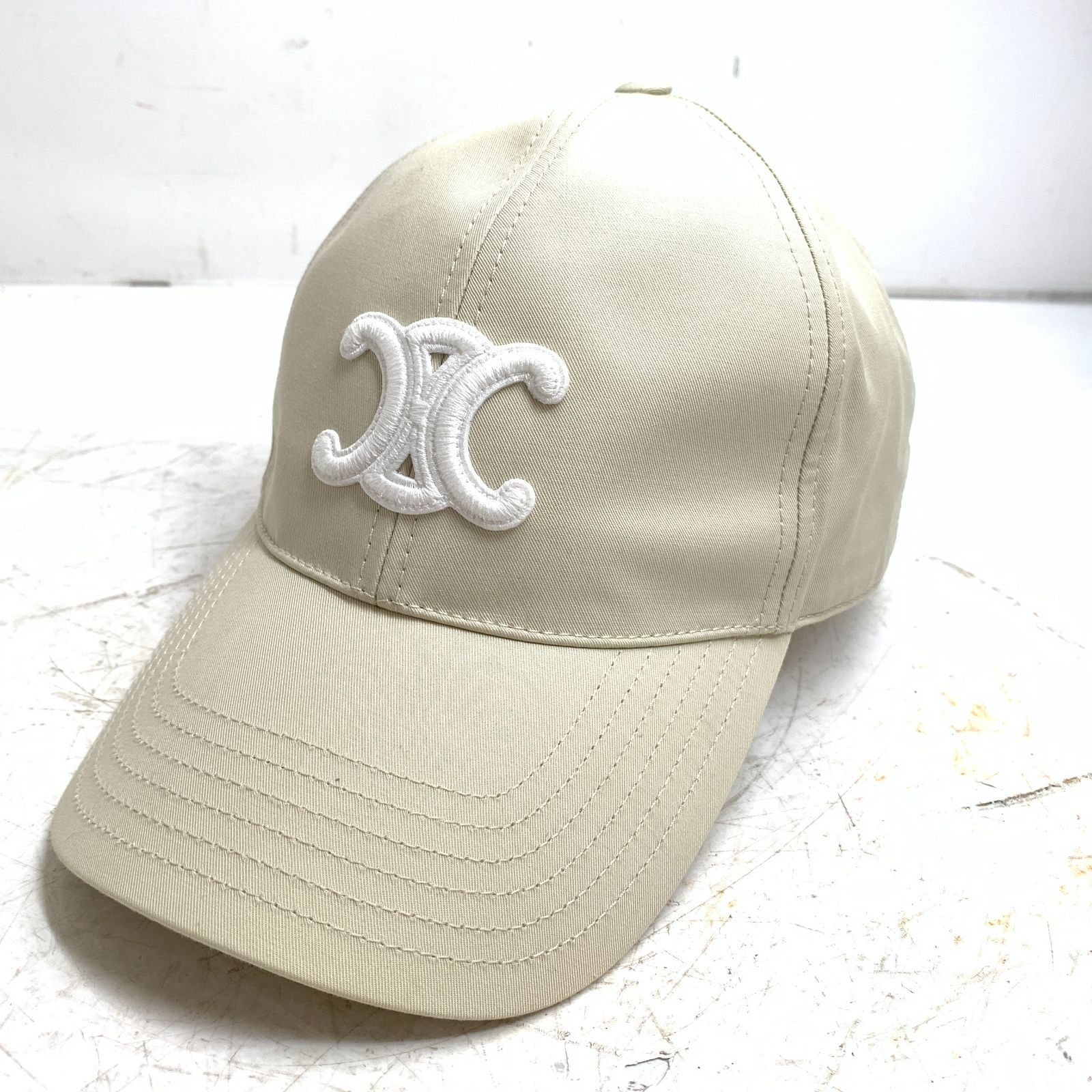 f001 H セリーヌ キャップ 帽子 ベージュ|ホワイト Lサイズ