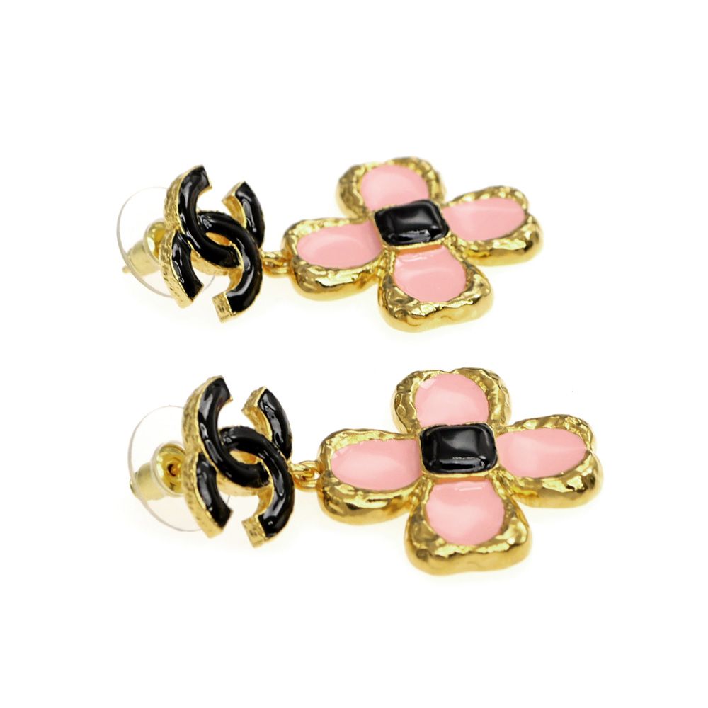 名東】シャネル フラワーモチーフ ピアス 一対 ABC244 ピンク ブラック