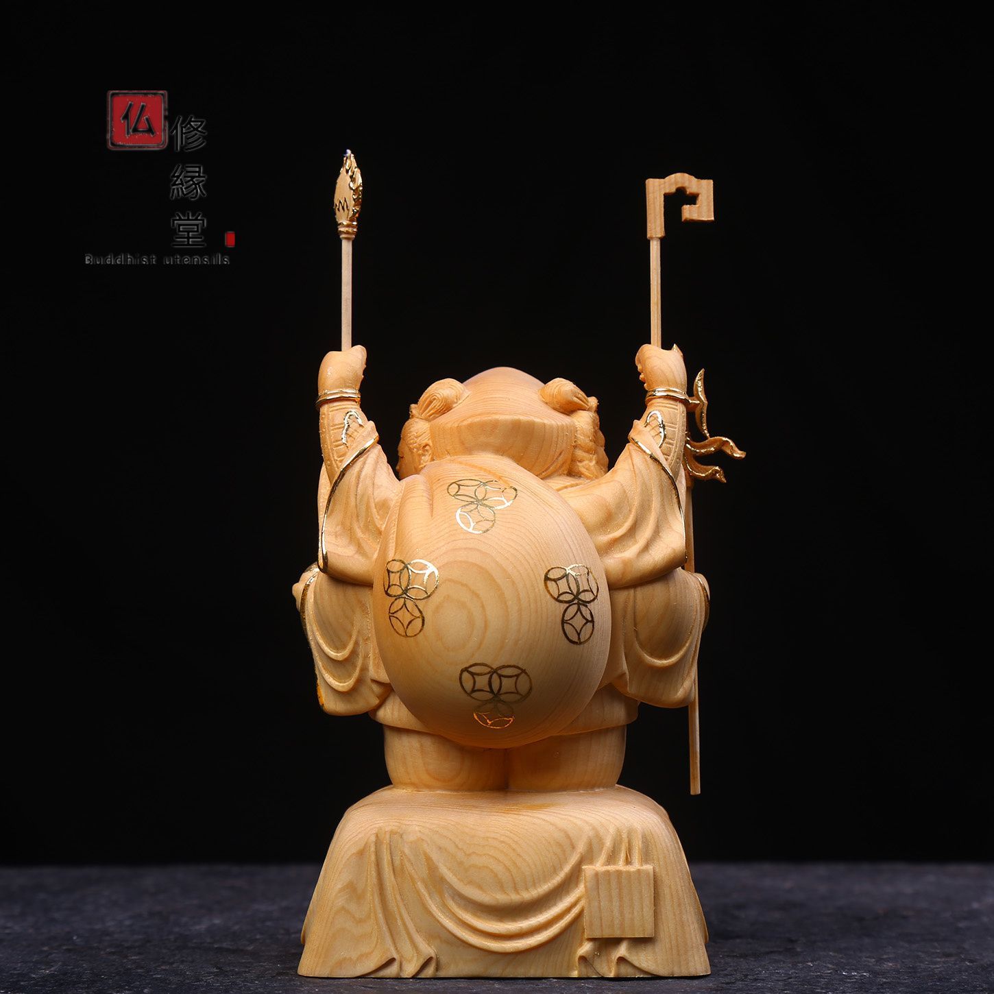 修縁堂】珍品 木彫り 仏像 福神三面大黒天 本金 切金 彫刻 天然木檜材 