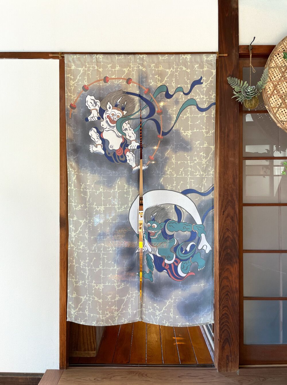 SIMON BAKER】85X150cm 本縫いのれん「N 風神雷神」和柄 和風