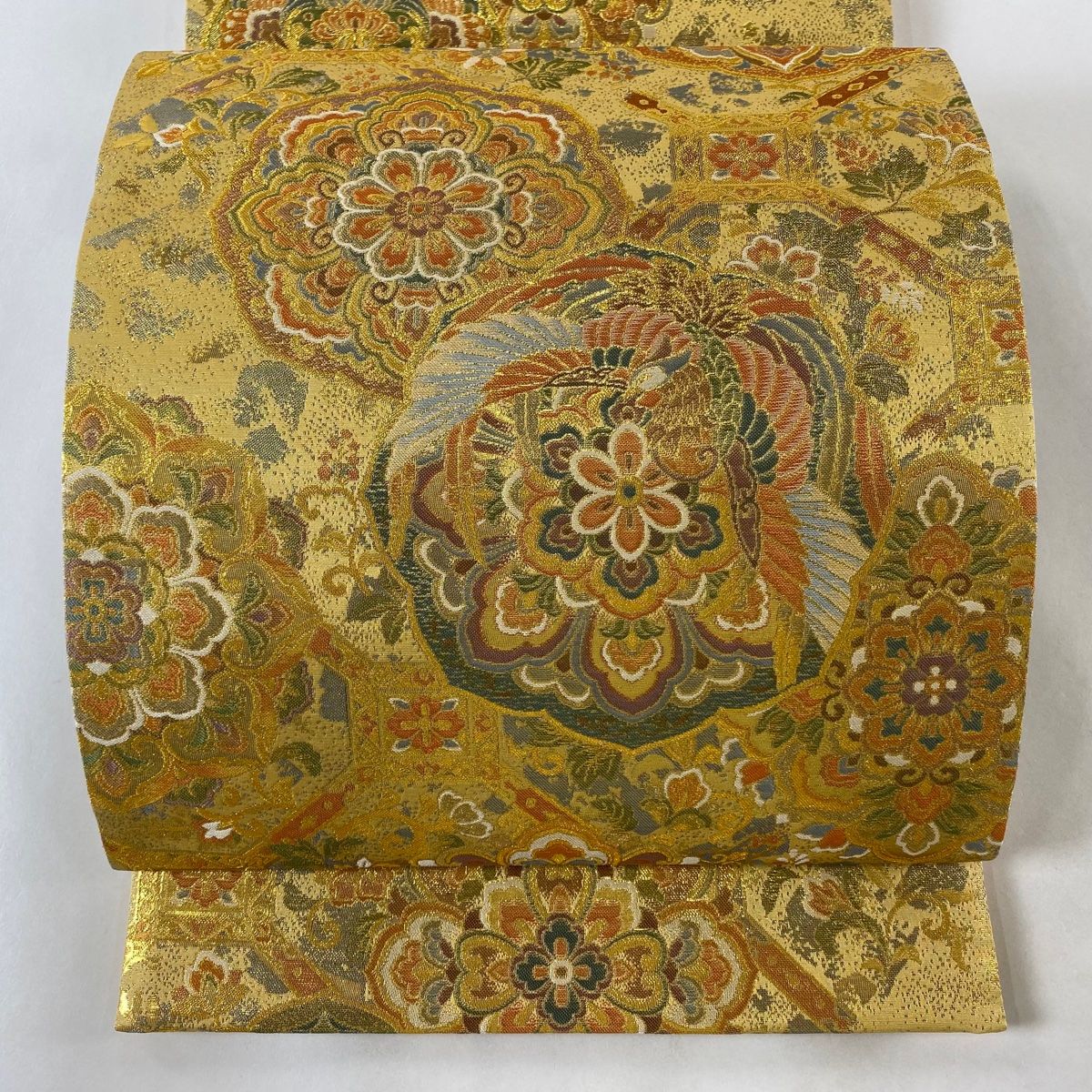 袋帯 美しい華柄模様に鳥 引き箔 金色 O-3593 袋帯 美品 秀 袋帯 美しい華柄模様に鳥 引き箔 金色 O-3593 袋帯 美品 秀