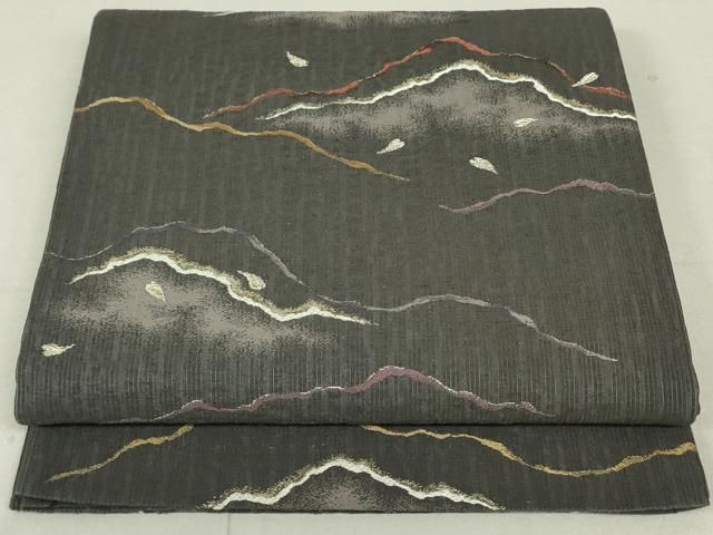 平和屋着物●西陣の名門　加納幸謹製　六通柄袋帯　紬地　重ね山舞花文　金糸　正絹　逸品　DAAT0427ob 平和屋着物○西陣の名門 加納幸謹製 六通柄袋帯 紬地 重ね山舞花文