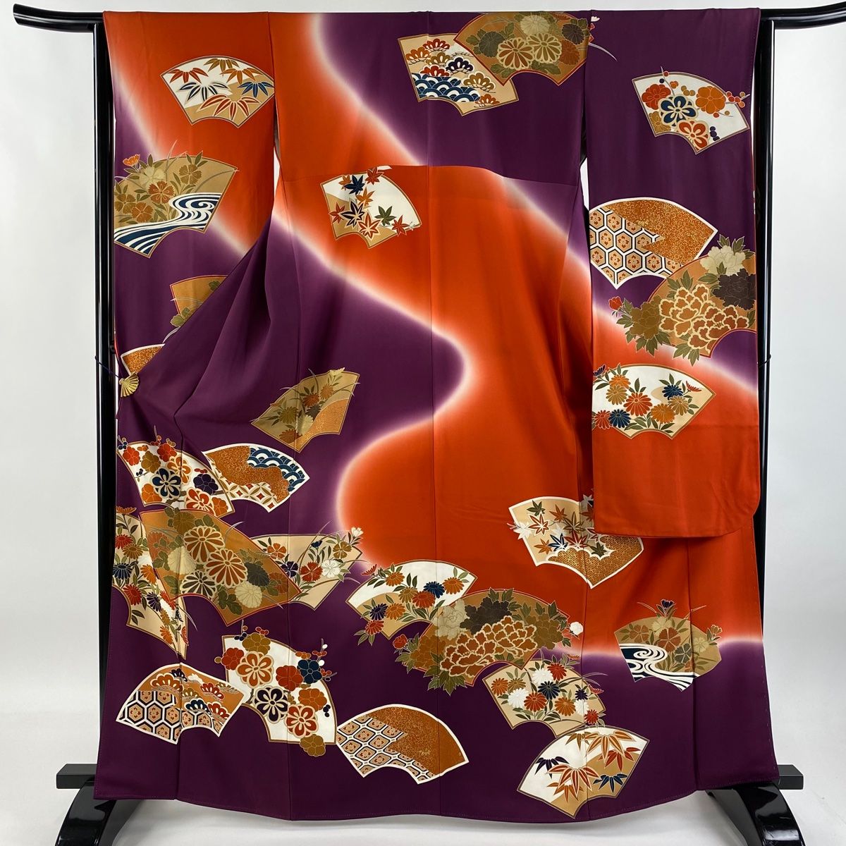 振袖 身丈166cm 裄丈64cm M 袷 扇面 菊 金彩 紫 正絹 秀品