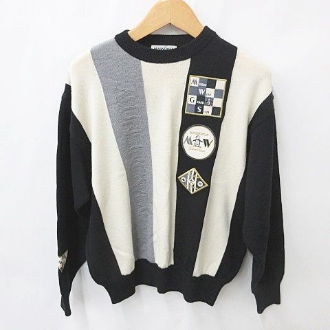 マンシングウェア MUNSINGWEAR セーター ニット ゴルフ 丸首 ロゴ 刺繍 ストライプ ウール 黒 白 グレー ブラック ホワイト L