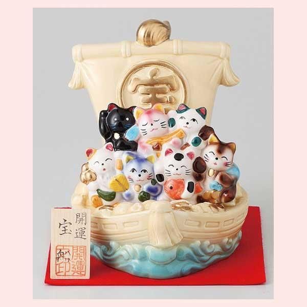 七福猫　宝船　K4379　※陶器，まねき猫，開運招福，縁起物，和，民芸品，工芸品，日本，レトロモダン，かわいい，可愛い，キャット，ねこ，置物，ユニーク，七福神，コラボ