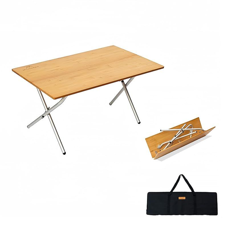 Mountainhiker折りたたみ式 竹製キャンプテーブル 軽量ローテーブル 80×50×40cm｜2つ折り＆コンパクト収納｜アルミ脚｜収納バッグ付き｜アウトドア ピクニック 家庭用に最適 2つ折り