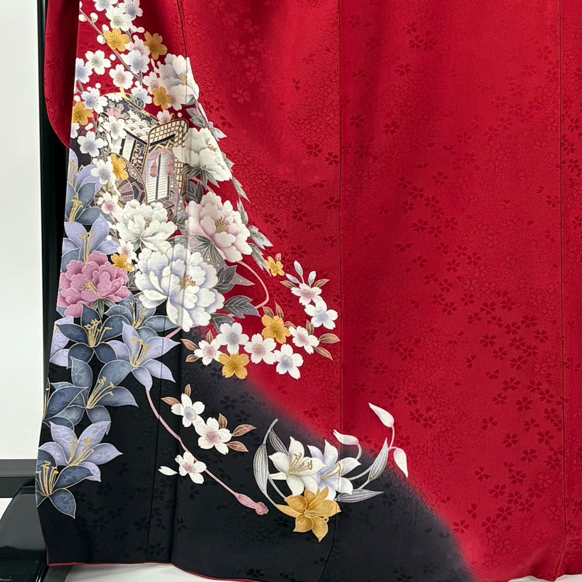 振袖 身丈168cm 裄丈70.5cm L 袷 御所車 牡丹 金彩 ぼかし 赤 正絹 秀品