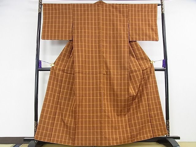 平和屋本店□極上 本場黄八丈 市松綾織 紬 格子 逸品 DZAA1217kh4