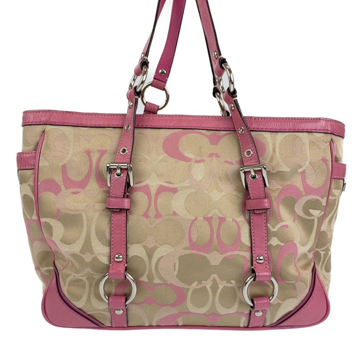 美品✨coach コーチ　ハンドバッグ　シグネチャー　レザー　ピンク　6830 COACH コーチ シグネチャー ピンク ベージュ シルバー金具