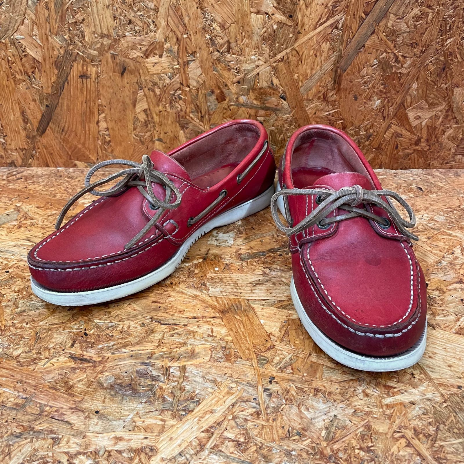 スペイン製 Paraboot デッキシューズ 6 1/2 25.0cm レッド パラブーツ モカシン ボートシューズ レザー 赤 RED ユーズド USED 古着 MADE IN SPAIN