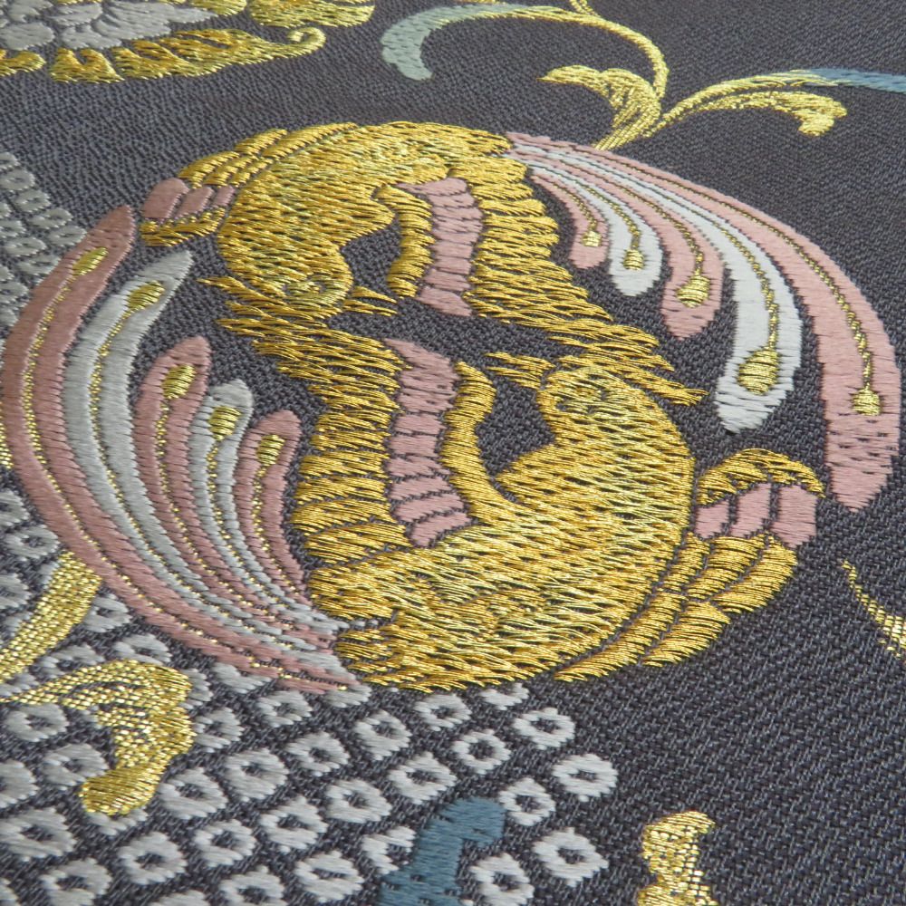 袋帯 鹿の子に花鳥丸文 紫色 金糸 正絹 礼装 フォーマル 着物帯 長さ