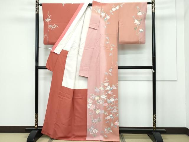 平和屋本店■極上　名門・上野家　上野街子　清染居　訪問着　笹竹枝花文　暈し染め　檜皮色　逸品　CZAA3987s5 平和屋本店□極上 名門・上野家 上野街子 清染居 訪問着 笹竹枝花文 暈