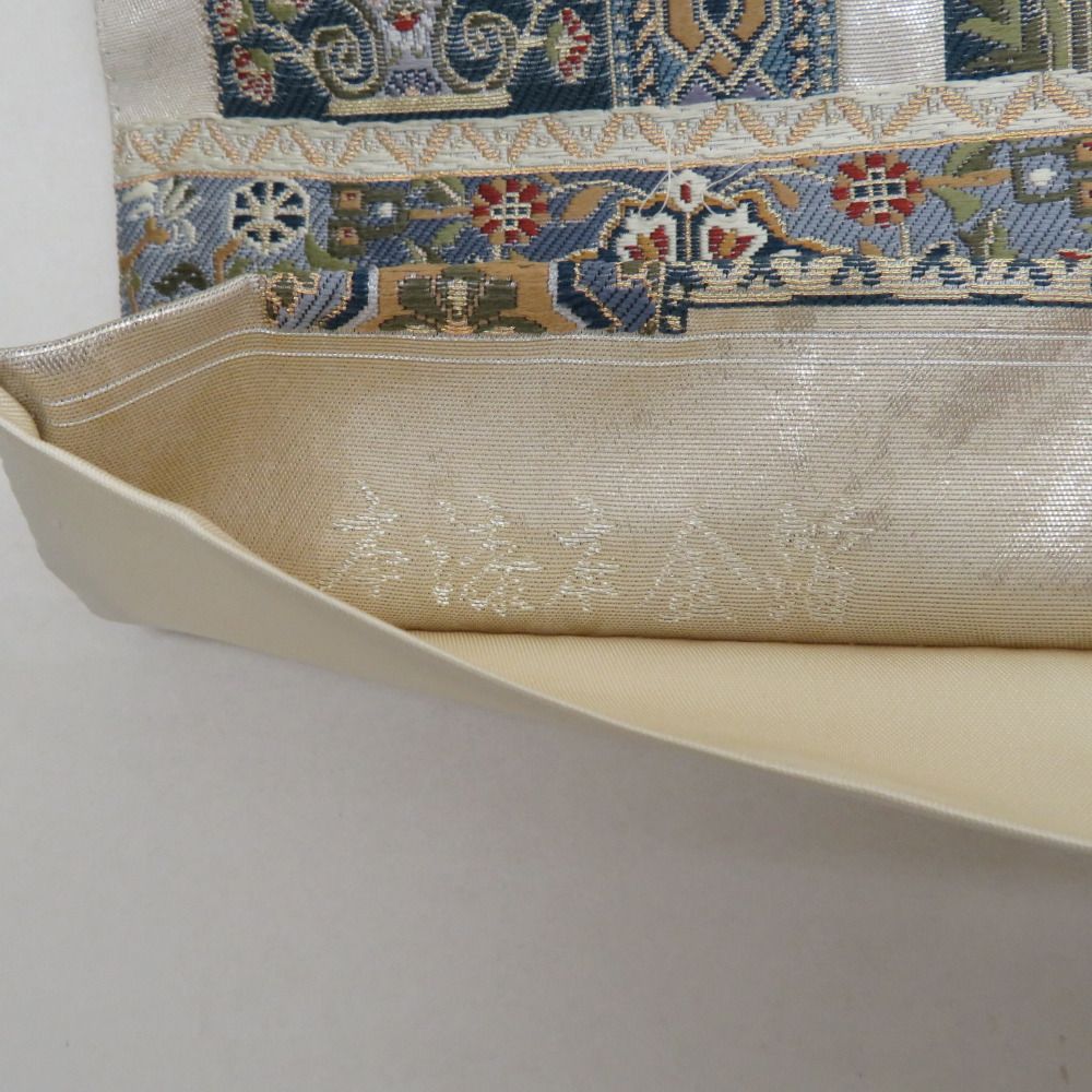 袋帯 北欧壁画文様 六通柄 金糸銀糸 エスニック調 ベージュ色x緑色x