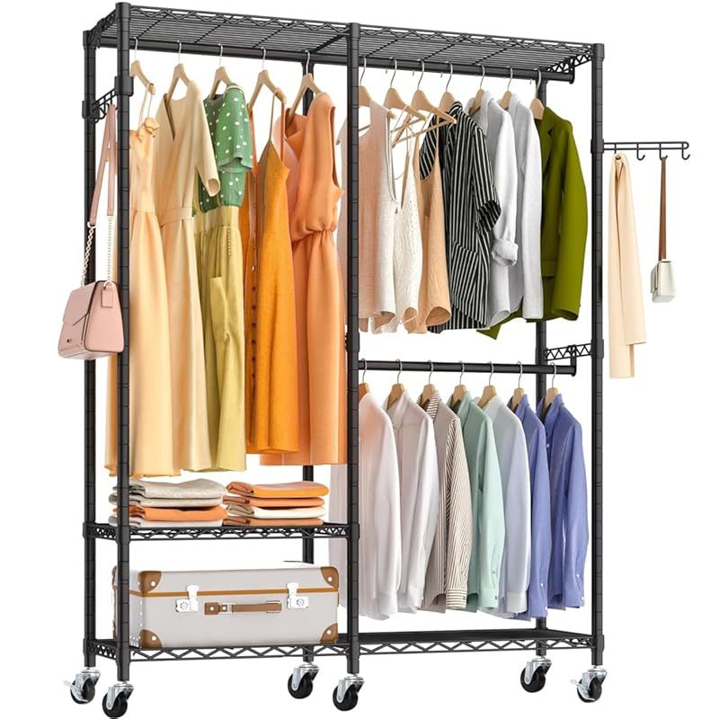 AZAKBL ハンガーラック 頑丈 ２段 洋服ラック 大容量 キャスター付き クローゼット ワードローブ 洋服掛け 防サビ加工 組み立て簡単 高さ調節 省スペース おしゃれ ハンガーかけ コートハンガー 洋服収納 幅97×奥行40×高さ190cm ブラッ 0