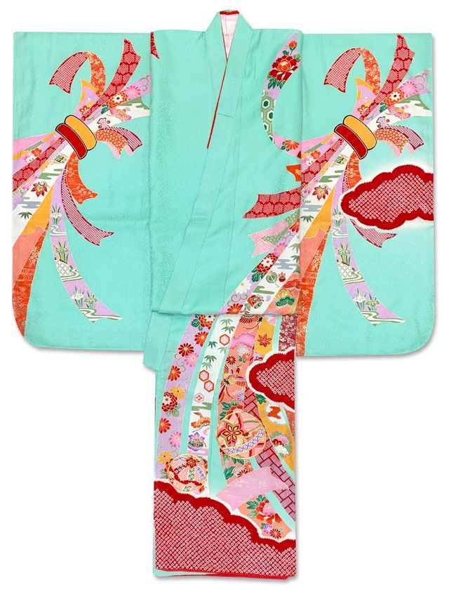 七五三 7歳 女の子 日本製 正絹 金駒刺繍 絵羽付け 四つ身の着物 浅葱色 熨斗に鞠 IYS1017 USTAUSTRALIA_COM_AU