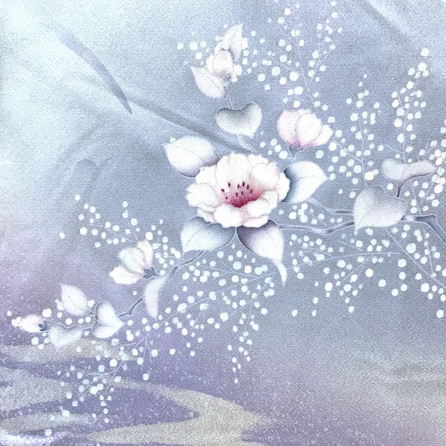 8424円から値引き中 ◇着物 名品 袋帯 青灰色 草花 雪輪 松竹梅 花唐草 青海波 金糸 銀糸 引き箔 六通 正絹 着物なかがわ] 袋帯 ２１中１８本甘撚糸使用 グレー地雪輪青海波に