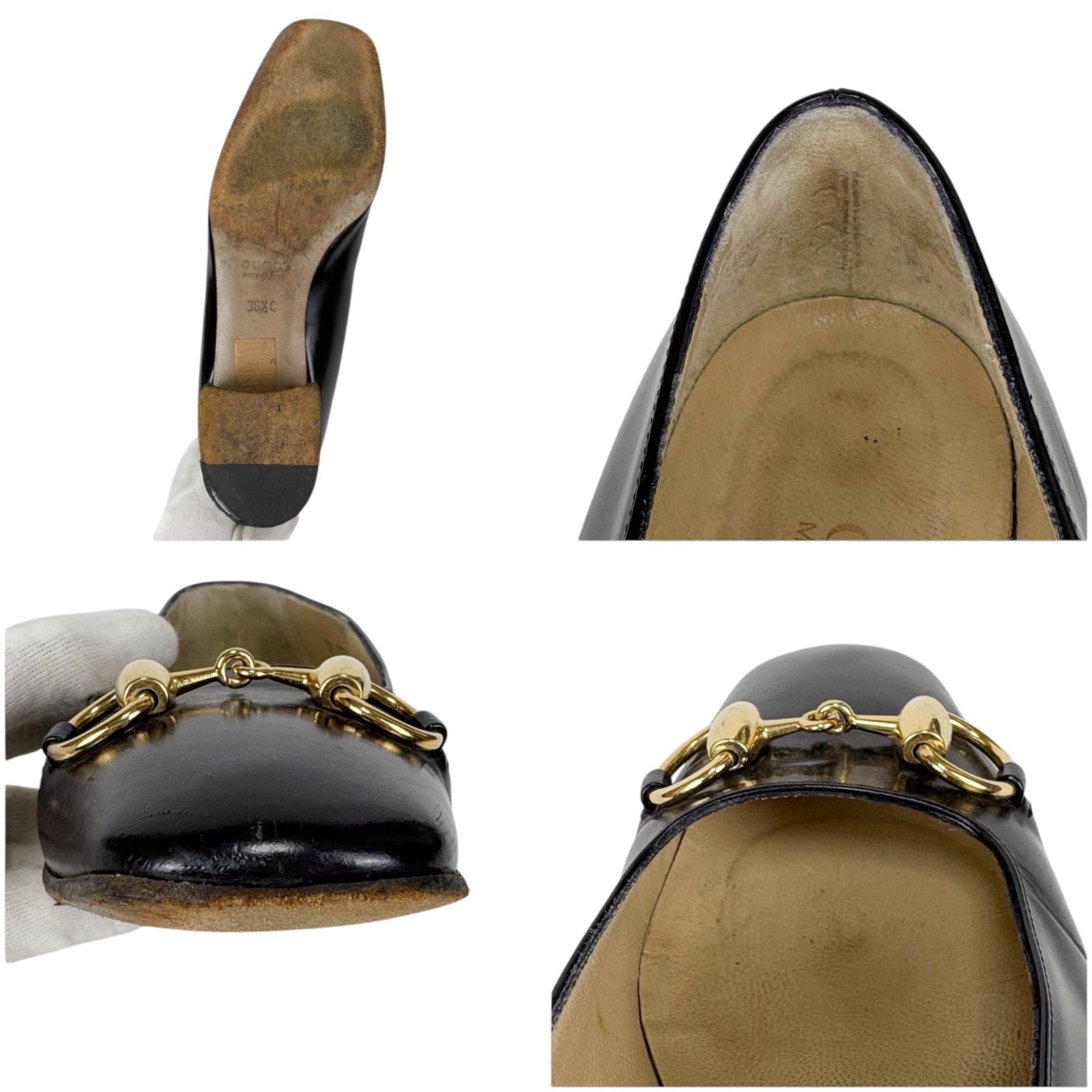 美品 GUCCI GGキャンバス ホースビットパンプス オープントゥ グッチ GUCCI ホースビット パンプス レザー ブラック 黒 36